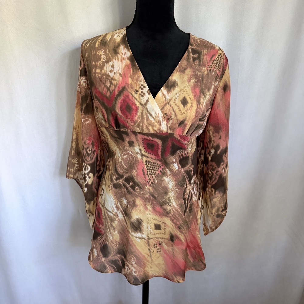 Cato Tunic Top Womens M Abstract Geometric Sheer Bell Sleeve V Neck Boho Y2K 90s